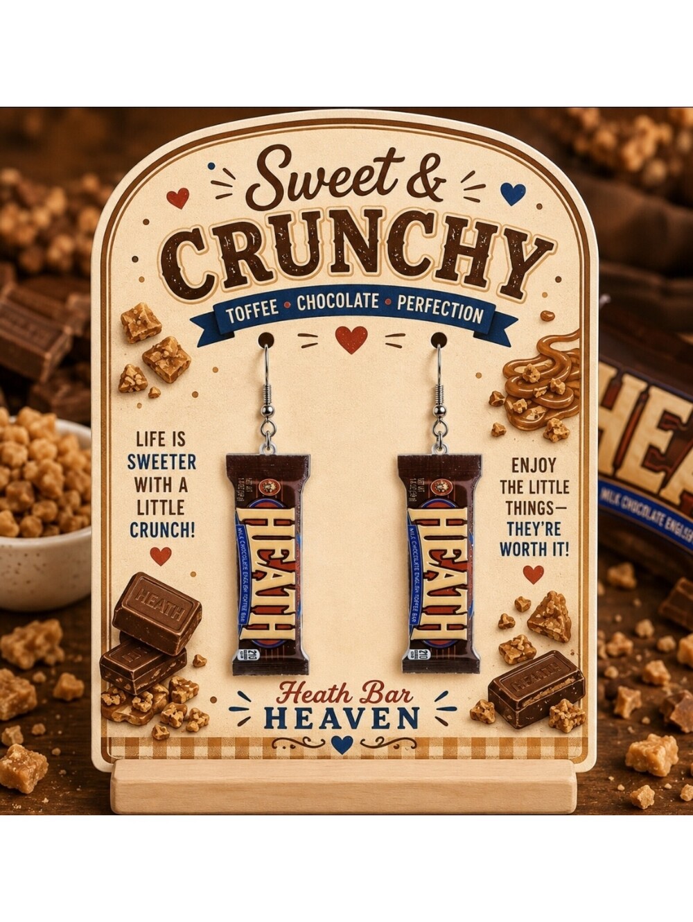 Fun Jewelry Mini Heath Bar Chocolate Candy Retro Novelty Hypoallergenic Earrings